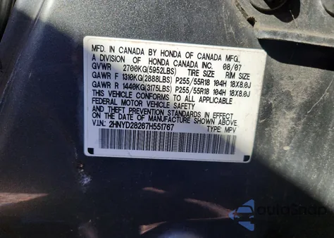 2007 Acura Mdx from USA, damaged, VIN 2HNYD28267H551767